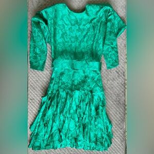 Vintage Spencer Jeremy Emerald Green Silk Floral Belted Dress Size 12